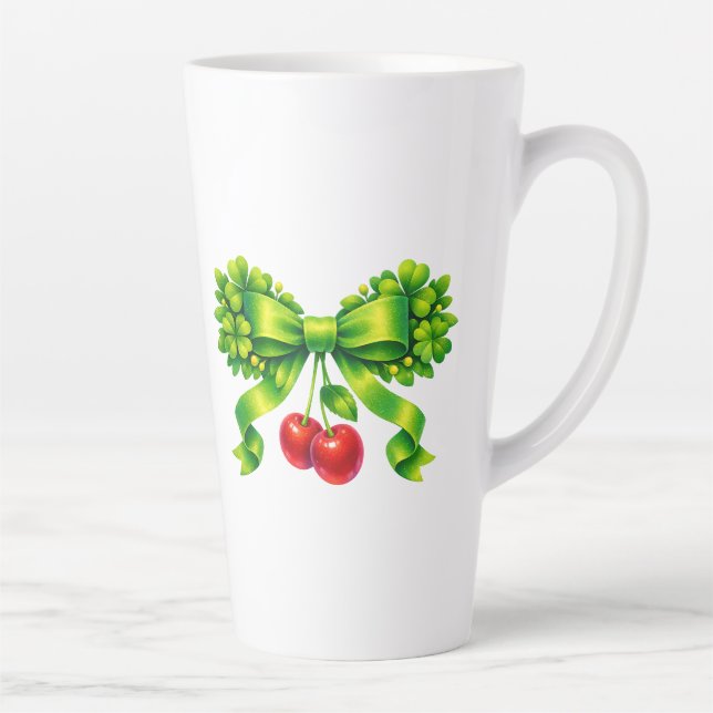 Lucky Clover Bow with Cherries Green Design Latte Mug (Right)