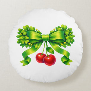 Lucky Clover Bow with Cherries Green Design Round Cushion