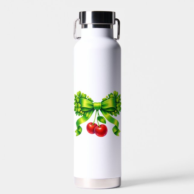 Lucky Clover Bow with Cherries Green Design Water Bottle (Front)