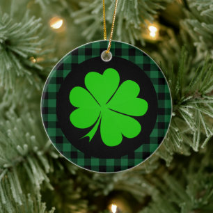 Lucky Clover charm, Shamrock, Green buffalo plaid Ceramic Tree Decoration