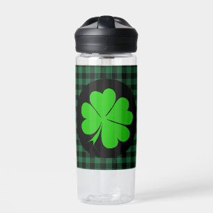 Lucky Clover charm, Shamrock, Green buffalo plaid Water Bottle