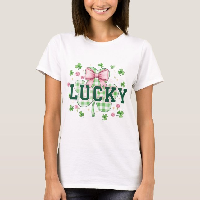 Lucky Clover Coquette Bow St. Patrick's Day Girls  T-Shirt (Front)