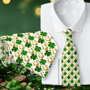 Lucky Clover Horseshoes Patterned White Neck Tie