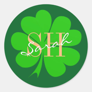 Lucky Clover leaf monogrammed, Shamrock / Irish Classic Round Sticker