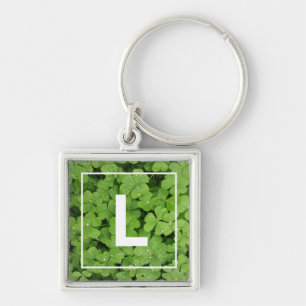 Lucky clover monogram, green meadow raindrops key ring
