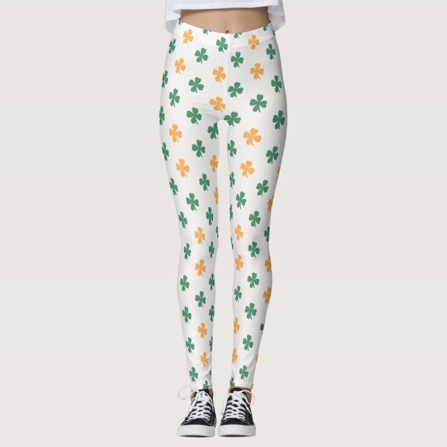 Lucky Clover Pattern Green Orange St Patrick's Day Leggings (Front)