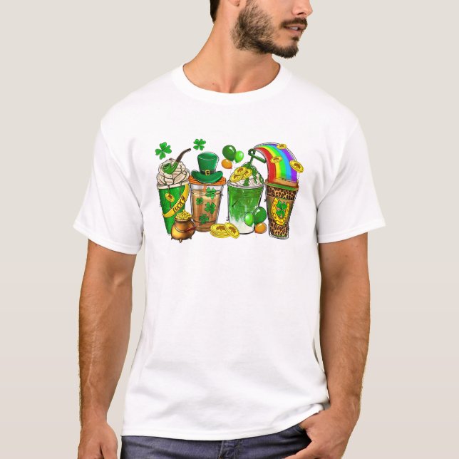 Lucky Coffee Rainbow Leopard Coin Shamrock St Patr T-Shirt (Front)