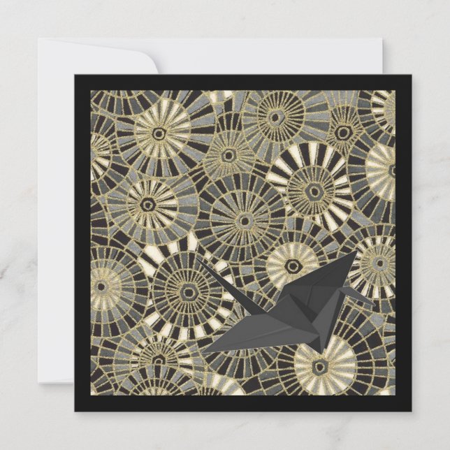 lucky crane gold japanese fan pattern invitation (Front)