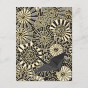 lucky crane gold japanese fan pattern postcard