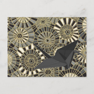 lucky crane gold japanese fan pattern postcard