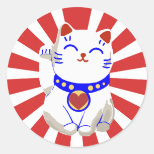Lucky cute neko cat on rising sun classic round sticker