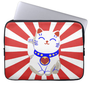 Lucky cute neko cat on rising sun laptop sleeve