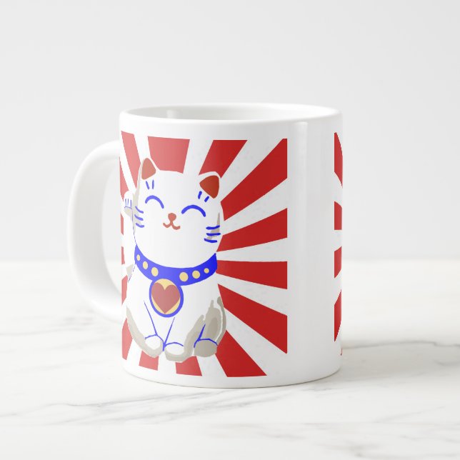 Lucky cute neko cat on rising sun large coffee mug (Front Left)