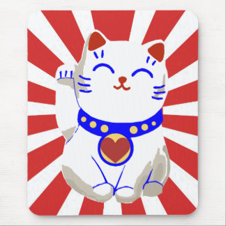 Lucky cute neko cat on rising sun mouse mat