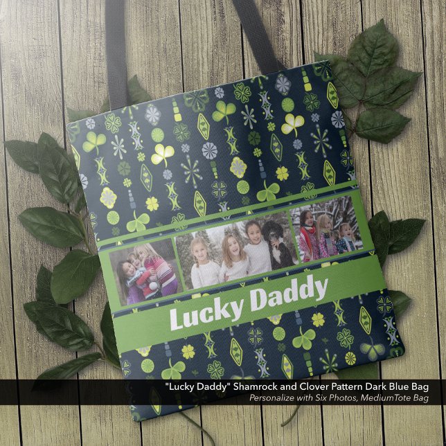 "Lucky Daddy" Shamrock Clover Pattern Blue Photo Tote Bag ("Lucky Daddy" Shamrock and Clover Pattern Dark Blue Bag: Personalize with 6 different photos.)