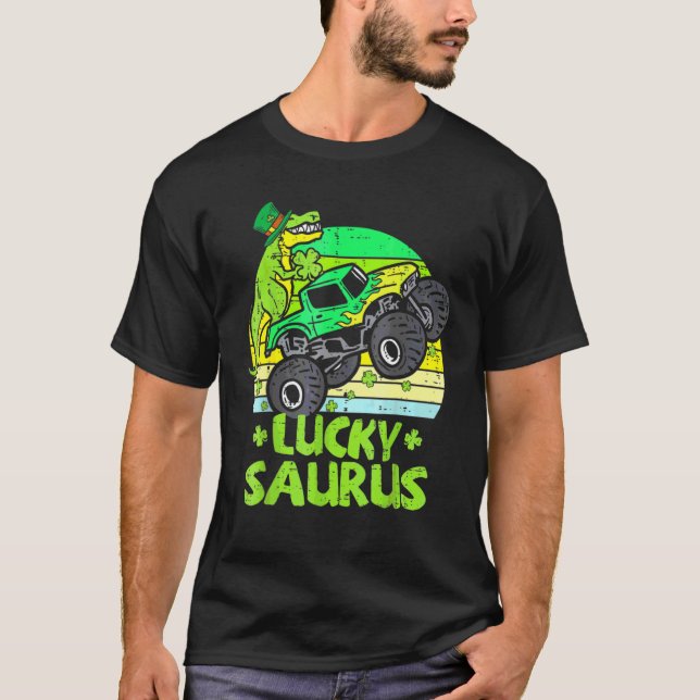 Lucky Dinosaur Monster Truck T Rex Shamrock St Pat T-Shirt (Front)