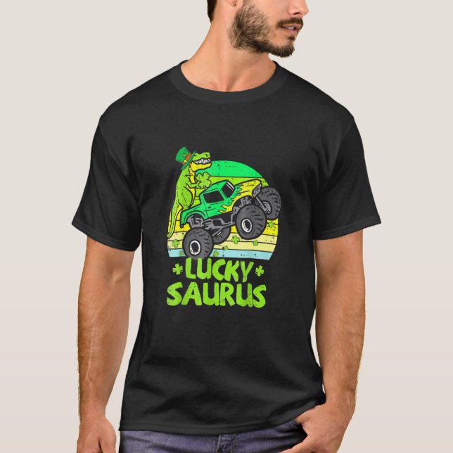 Lucky Dinosaur Monster Truck T Rex Shamrock St Pat T-Shirt (Front)