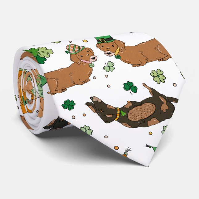 Lucky Dogs Dachshunds Clovers St. Patrick's Day Tie (Rolled)