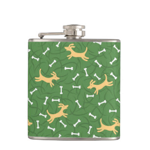 lucky dogs with bones background hip flask