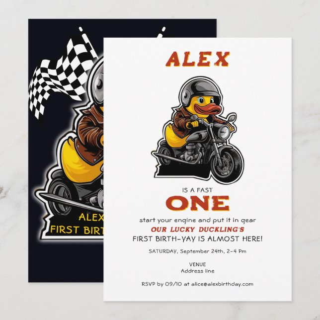 Lucky Duck Cute Toddler 1st Birthday Motorcycle Invitation (Front/Back)