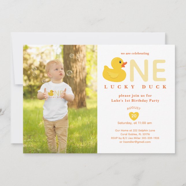 Lucky Duck First Birthday Photo Invitation (Front)