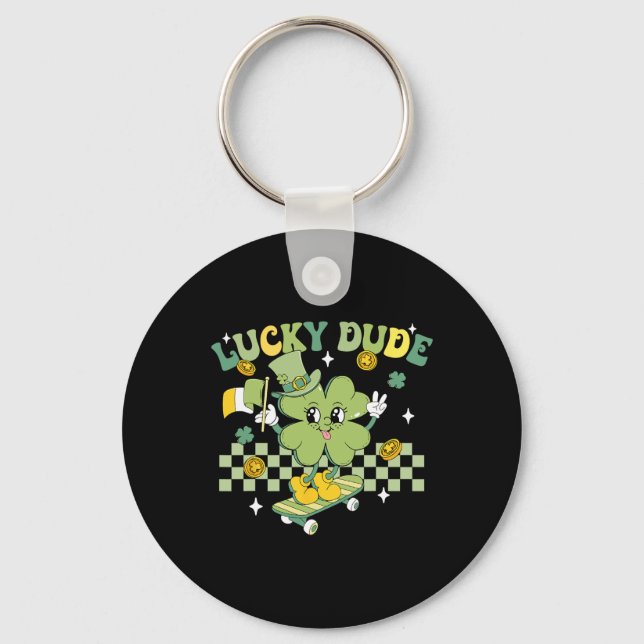 Lucky Dude Funny St Patrick's Day Kid Skateboardin Key Ring (Front)
