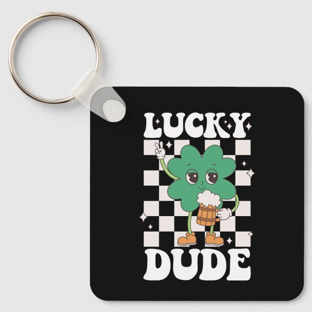 Lucky Dude Shamrock St Patricks Day Irish Groovy Key Ring (Front)