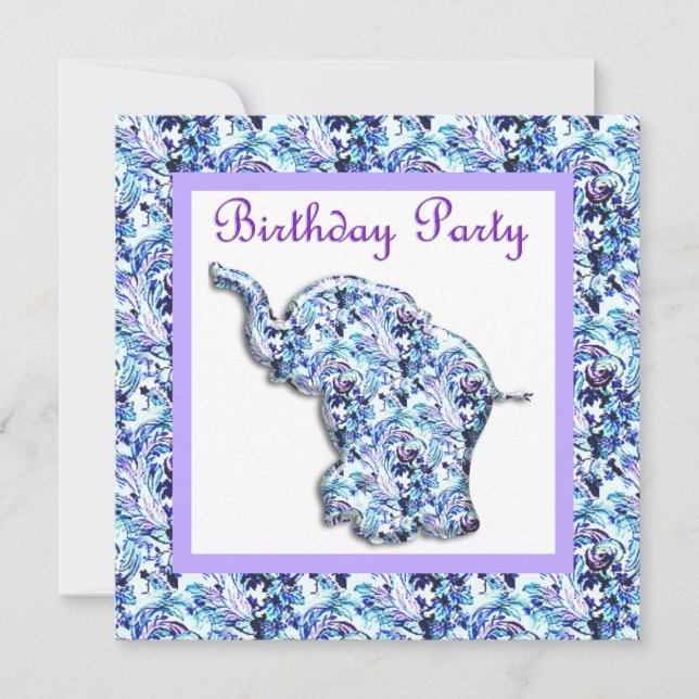LUCKY ELEPHANT BIRTHDAY PARTY INVITATION BLUE (Front)