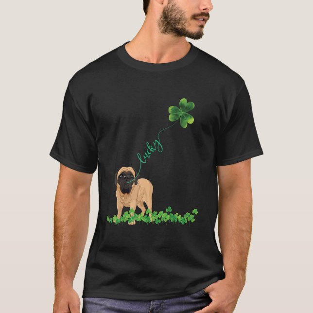 Lucky English Mastiff Dog Shamrock St Patrick day T-Shirt (Front)