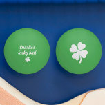 Lucky four leaf clover green ping pong ball<br><div class="desc">Green ping pong ball featuring a lucky,  white four-leaf clover. On the back is another clover leaf and customisable text "Name's lucky ball".</div>