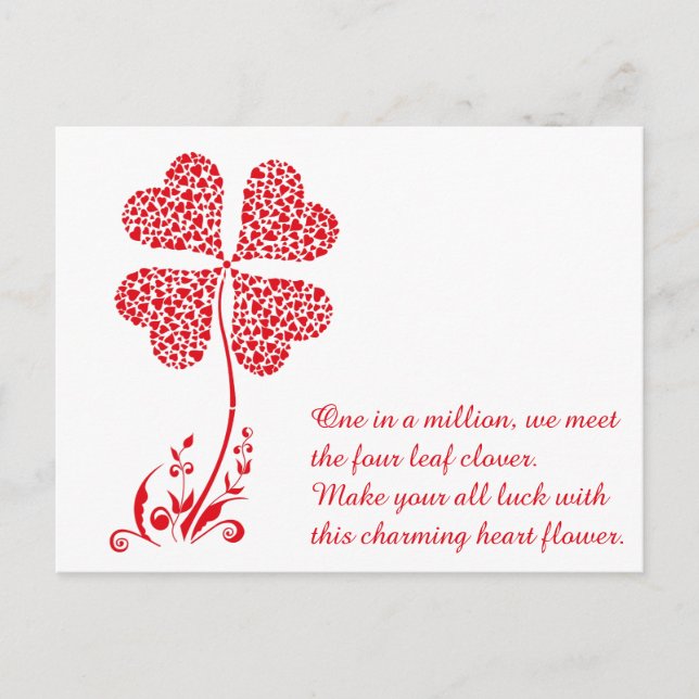 Lucky Four Leaf Clover Heart Valentine Day Flower Holiday Postcard (Front)