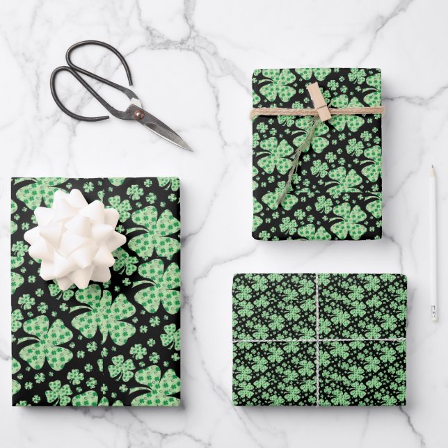 Lucky Four Leaf Clover St. Patrick Irish Wrapping Paper Sheet (Front)