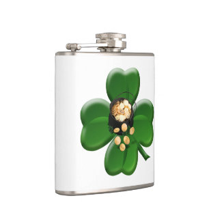 Lucky Four Leaf Clover with Pot Of Gold Hip Flask