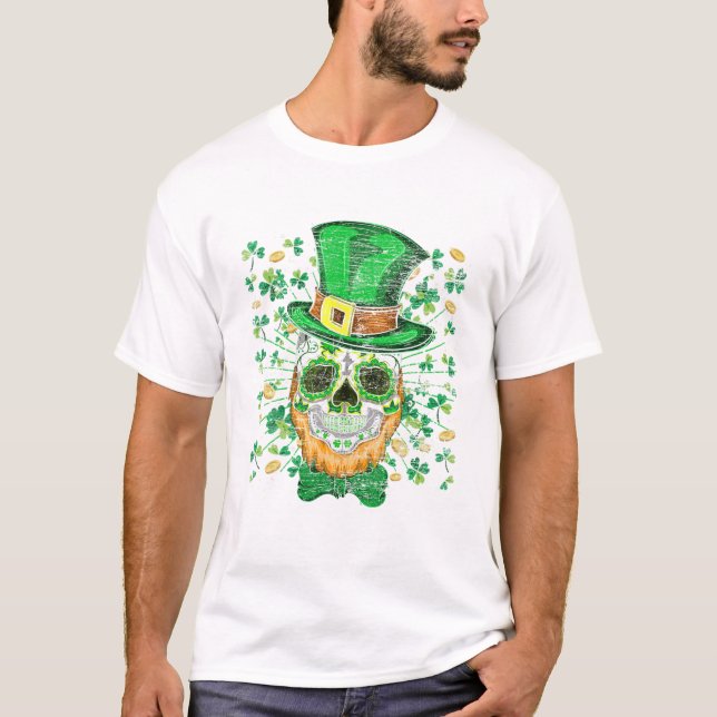 Lucky Four Leaf Shamrock Clover Skull Irish St Pat T-Shirt (Front)