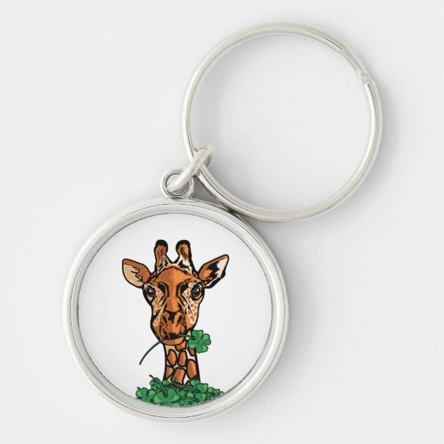 Lucky Giraffe Eating Four Leaf Clovers Whimsical Key Ring (Front)
