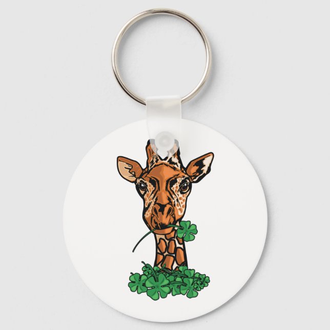 Lucky Giraffe Four Leaf Clover Wildlife Art Key Ring (Front)