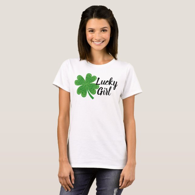 Lucky Girl 4 Leaf Clover St. Patrick's Day Green T-Shirt (Front Full)