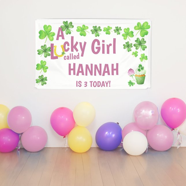 Lucky Girl Shamrock and Muffin Birthday Party Banner (Lucky Girl Birthday Banner with St Patricks Day Theme)