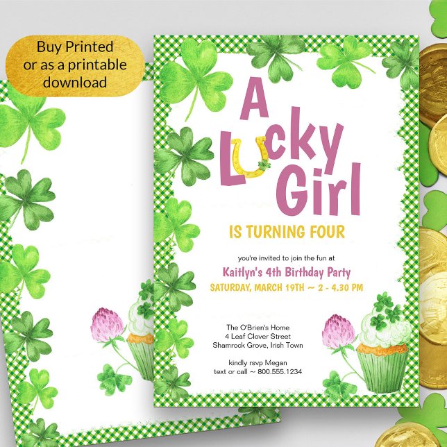 Lucky Girl Shamrock and Muffin Birthday Party Invi Invitation (Girls Birthday St Patricks Theme invitation - available printed or as a printable digital download)