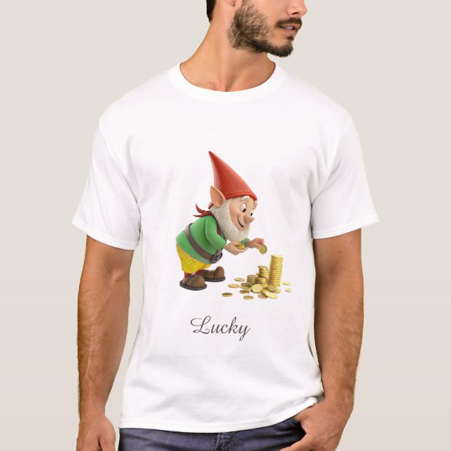 Lucky Gnome with Gold Coins and Script T-Shirt (Front)