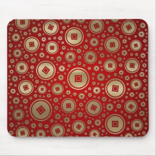 Lucky Gold Chinese coins pattern on red Mouse Mat