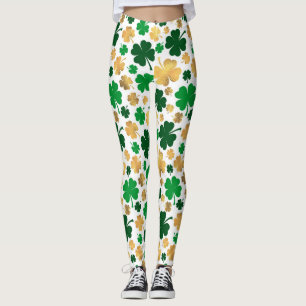 Lucky Gold Foil Four Leaf Clover Shamrock Pattern Leggings
