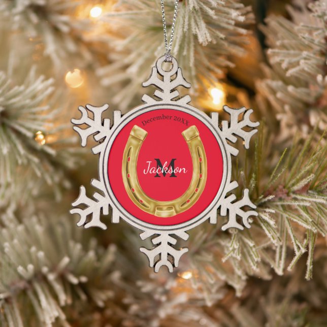 Lucky gold horseshoe  snowflake pewter christmas ornament (Tree)