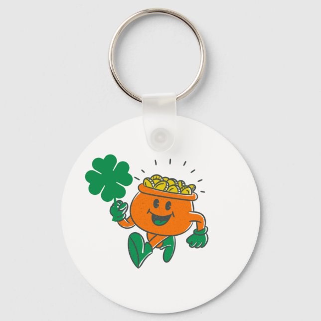 Lucky Gold Pot Cartoon Keychain with Four-Leaf Clo (Front)