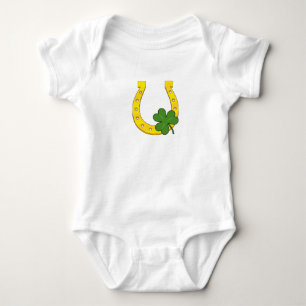 Lucky Golden Horseshoe with Shamrock on Black Baby Bodysuit
