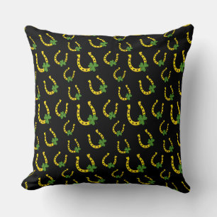 Lucky Golden Horseshoe with Shamrock on Black Cushion