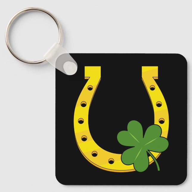 Lucky Golden Horseshoe with Shamrock on Black Key Ring (Front)