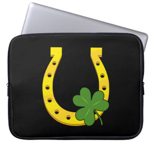 Lucky Golden Horseshoe with Shamrock on Black Laptop Sleeve