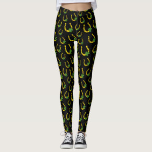 Lucky Golden Horseshoe with Shamrock on Black Leggings