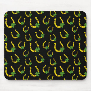 Lucky Golden Horseshoe with Shamrock on Black Mouse Mat